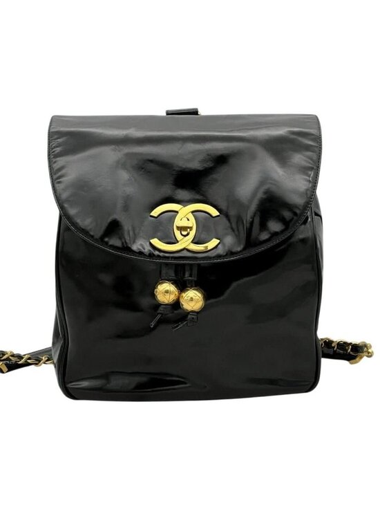 Chanel CC Vintage Backpack Bag Patent Leather Black Turnlock Chain